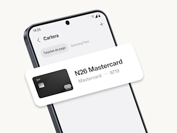 La pantalla de un teléfono inteligente muestra una tarjeta Mastercard N26 guardada en la aplicación Samsung Wallet.