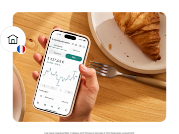 Une main tient un smartphone affichant un compte d'investissement avec un graphique et un solde de 1.117,03 €.