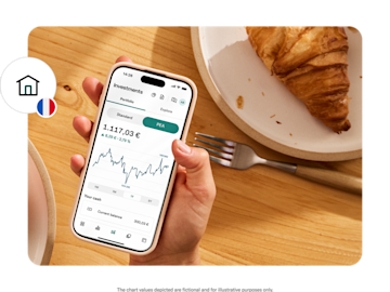  A hand holds a smartphone displaying an investment account with a line graph and a balance of 1.117,03 €.