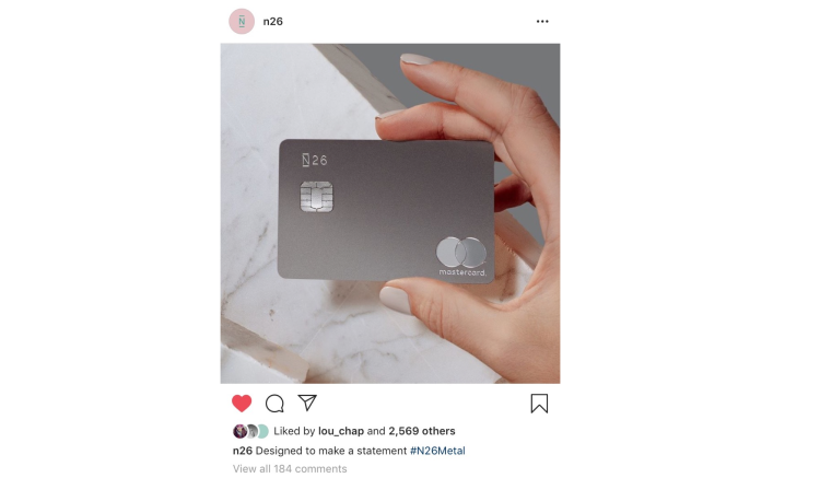 N26 metal card in social media post.