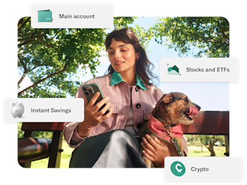 A woman sits on a park bench holding her dog and phone, with overlaid cards showing savings, stocks, and crypto accounts.