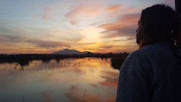 Traveler looking at a lake.