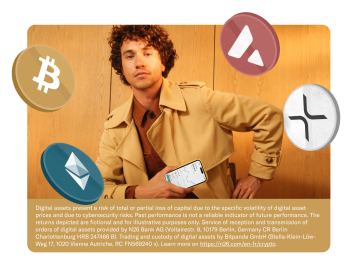 A guy dressed in wheat-colored clothes stands in a matching wheat-colored room, showing his mobile with the N26 app open. Icons are visible in the foreground, with a crypto disclaimer at the bottom.