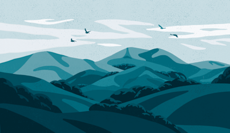 A blue and abstract illustration of rolling hills and mountains in a serene landscape.
