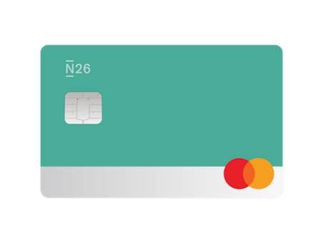 A hand holds a smartphone ready for a contactless payment with an N26 card on screen and a Mastercard icon overlaid.