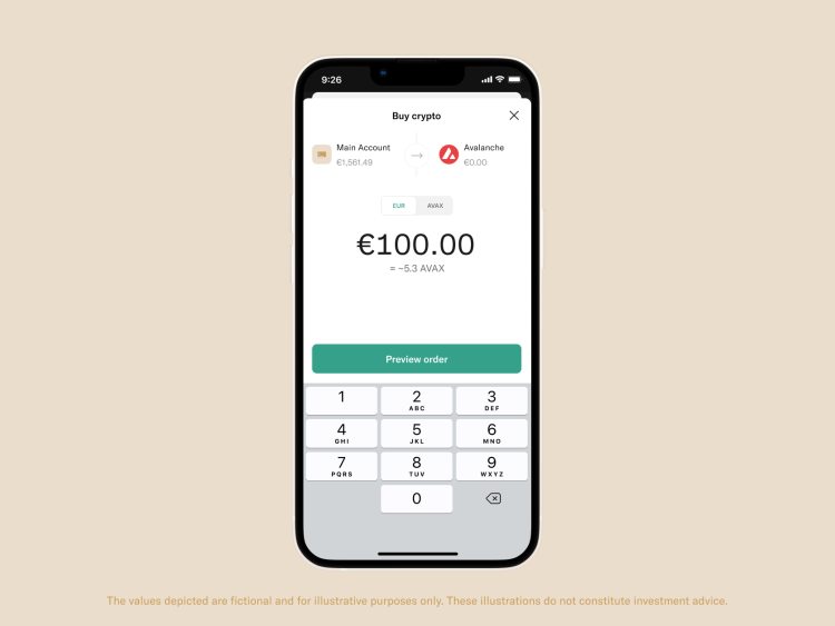 N26 app displaying Specify your purchase amount and tap Preview order.