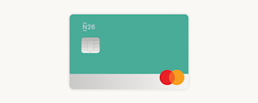 A teal and silver N26 debit card featuring a silver chip and the Mastercard logo.