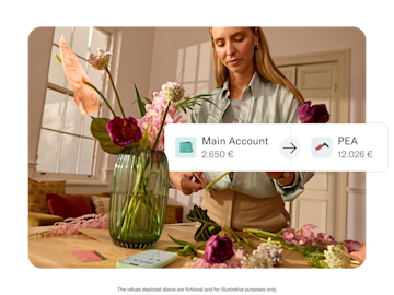 A woman arranges flowers while a graphic shows a transfer from her main account to a PEA account.
