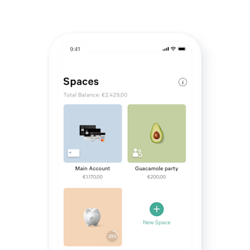 A phone screen with the Spaces screen of the N26 app open on it.
