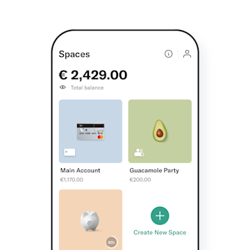 A phone screen with the Spaces screen of the N26 app open on it.