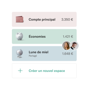 Un écran de téléphone montrant un aperçu d'Espaces Partagés sur l'application N26.