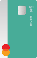 Primer plano gráfico del anverso de una tarjeta N26 Business de color verde azulado.