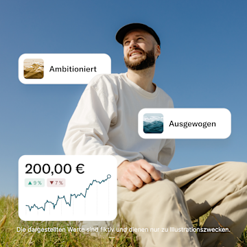 Ein lächelnder Mann sitzt im Freien auf einer sonnigen Wiese und trägt legere Kleidung. Dabei werden die N26-Investmentfonds „Ambitious“ und „Balanced“ hervorgehoben, begleitet von einem Diagramm, das einen Wachstumstrend zeigt.