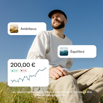 Un homme souriant est assis en plein air dans une prairie ensoleillée, vêtu de manière décontractée. Il met en avant les fonds d’investissement « Ambitious » et « Balanced » de N26, accompagnés d’un graphique montrant une tendance de croissance.