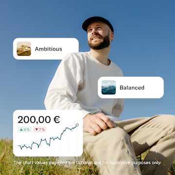 A smiling man sits outdoors in a sunny meadow, wearing casual clothing, highlighting the N26 "Ambitious" and "Balanced" investments funds with a chart displaying a growth trend.