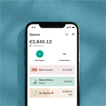 N26 spaces interface showing the account balance and the 3 spaces.