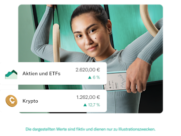 Turnerin trägt blaugrüne Kleidung und hält ein Mobiltelefon in der Hand, während die N26-App geöffnet ist. Im Vordergrund wird ein Popup-Fenster angezeigt, das den Kontostand und die Rentabilität des Aktien- und ETF-Kontos sowie des Krypto-Kontos anzeigt.