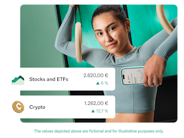 Gymnast wearing teal color clothes and holding a mobile with the N26 app open. In the foreground there is pop up displaying the balance and profitability in the Stocks and ETFs account and Crypto account.