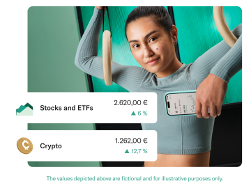 Gymnast wearing teal color clothes and holding a mobile with the N26 app open. In the foreground there is pop up displaying the balance and profitability in the Stocks and ETFs account and Crypto account. 