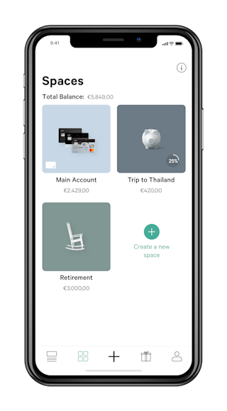 N26 Press Image of a phone with the Spaces overview screen in the N26 App.