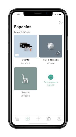 N26 - Prensa - Imagen de un teléfono con la vista general de Espacios en la app de N26.