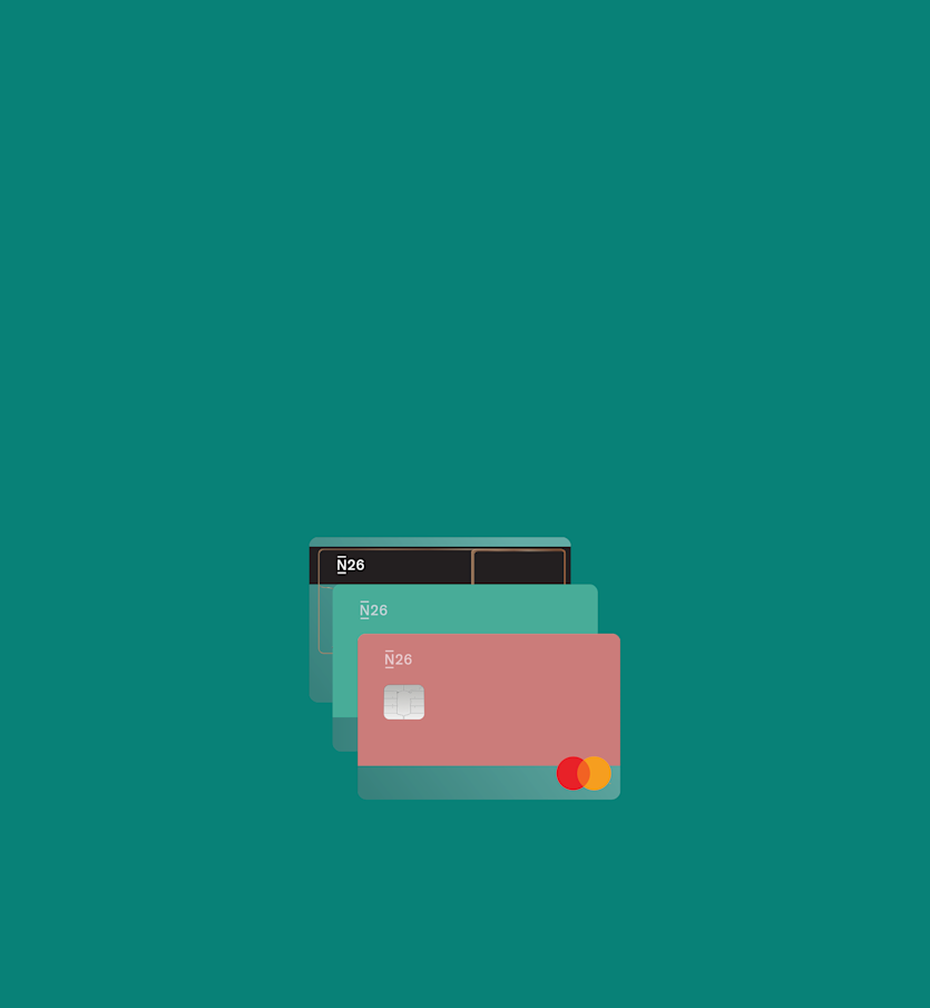 Three N26 bank cards in black, mint green, and pink are shown overlapping on a teal background.