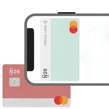 Virtual card shown on a smartphone and a debit card behind.