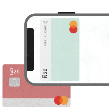 Tarjeta virtual que se muestra en un teléfono inteligente y una tarjeta de débito detrás.