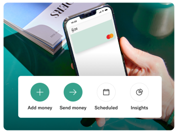 Hand holding a mobile showing N26 virtual card. In the foreground there is a popup showing four buttons, add money, send money, scheduled, and insights. 