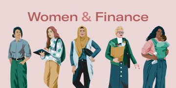 Eine Illustration mehrerer verschiedener Frauen, um die Überschrift Women & Finance drum herum.