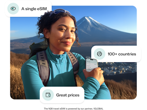 A woman with a backpack smiles at the camera while holding a phone, with Mount Fuji in the background, surrounded by text bubbles highlighting "A single eSIM," "100+ countries," and "Great prices.!
