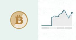 Ilustración que muestra un icono que representa una criptomoneda en el lado izquierdo, y un gráfico del mercado de valores en el lado derecho.
