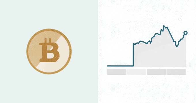 Ilustración que muestra un icono que representa una criptomoneda en el lado izquierdo, y un gráfico del mercado de valores en el lado derecho.