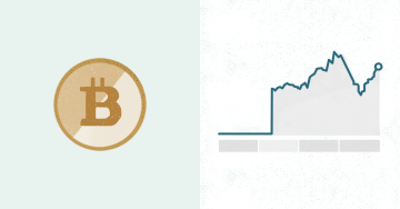 illustration showing an icon that represents a cryptocurrency in the left side, and a stock market graph in the right side.