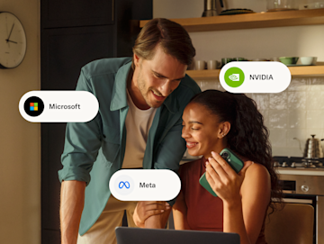 Homme et femme avec des icônes des actions de Nvidia, Meta et Microsoft.