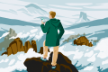 Illustration of a person on a mountain top over the clouds looking at their phone.