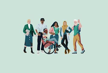 The illustration shows six people each identifying a type of financial profile.