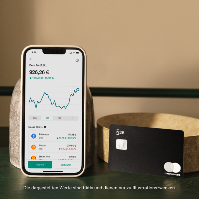 Bild des Crypto-Bereichs in der n26-App, das die Leistung von Ethereum, Bitcoin und Shiba neben der N26 Metal-Karte zeigt.
