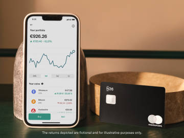Image of the Crypto section in the n26 app showing the performance of Ethereum, Bitcoin and Shiba next to the N26 Metal card.