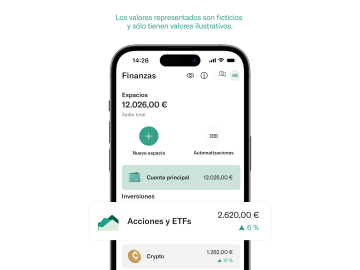 Aplicación móvil y N26 que muestra la variación de acciones, ETF y criptomonedas.