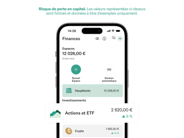 Mobile et N26app montrant la variation des investissements en actions, ETF et crypto.