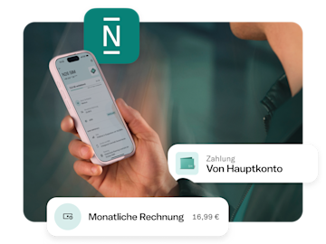 Eine Hand hält ein Smartphone, daneben steht der Hinweis Zahlungen und monatliche Abrechnung.