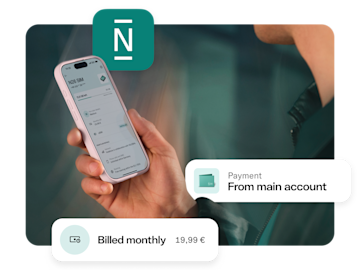 A hand holding a smartphone is shown with text highlighting "Payments and billed monthly.