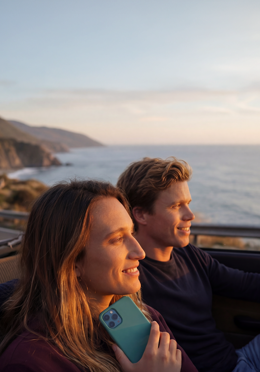 A couple in a convertible car smile while driving along a scenic coastal road at sunset, with the woman holding a green smartphone.