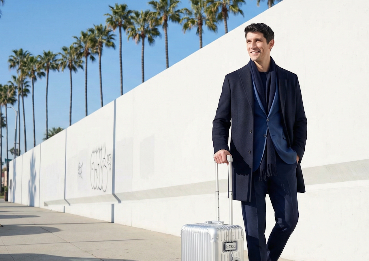 A smiling man in a dark blue suit and overcoat walks along a white wall while pulling a silver rolling suitcase, with palm trees visible in the background under a blue sky.