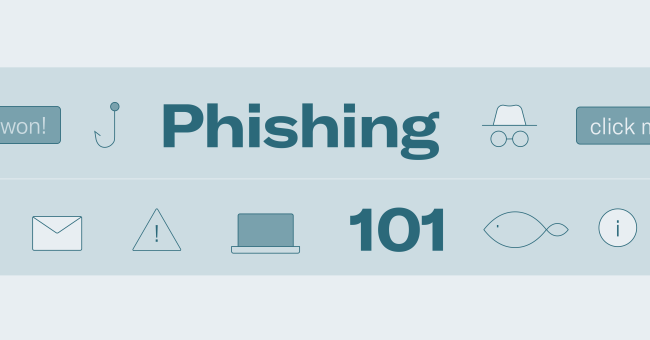 Phishing 101 Illustrazione con simboli raffiguranti tipi di attacchi di phishing.