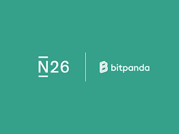 Image of N26 logo next to Bitpanda logo in a teal background color.