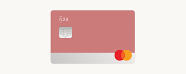 A pink and silver N26 Mastercard debit card with a silver EMV chip in the upper left corner and the Mastercard logo in the bottom right corner.