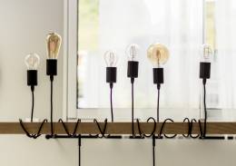 Light bulbs hanging from a wooden piece.