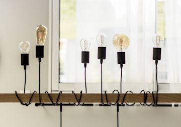 Light bulbs hanging from a wooden piece.